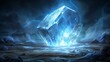   A sizeable iceberg, situated in a rocky expanse, emits a brilliant blue light from its core