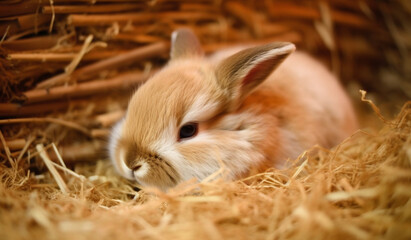 A fluffy baby bunny snuggled up in a pile of soft hay.