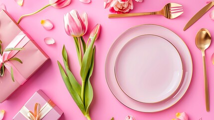 Mother day table setting background. Pink Mother's day border flat lay for brunch, lunch, dinner menu, invitation mockup. Beautiful table setting with golden cutlery, tulip flowers. Generative Ai