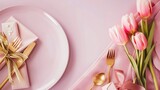 Fototapeta Przestrzenne - Mother day table setting background. Pink Mother's day border flat lay for brunch, lunch, dinner menu, invitation mockup. Beautiful table setting with golden cutlery, tulip flowers. Generative Ai