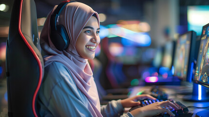 A musician in a purple hijab is smiling while playing a video game on a computer. She is surrounded by audio equipment, adding fun and entertainment to the event