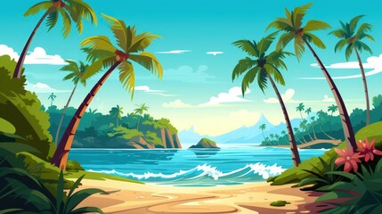 Canvas Print - Tropical island with palm trees. Summer vacation illustration.