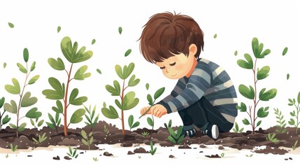 Wall Mural - The boy plants seeds and takes care of the plant. Hand drawn style modern illustration. Growing a tree.