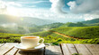 A cup of fresh green tea against the backdrop of a tea plantation on a sunny day with space for text