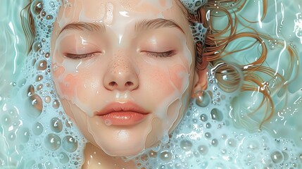 Wall Mural - This illustration shows a woman using a cosmetic cleansing gel or facial wash to clean her face. The illustration is drawn with a hand drawn style modern design.