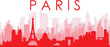 Red panoramic city skyline poster with reddish misty transparent background buildings of PARIS, FRANCE