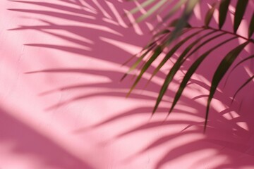 Poster - Closeup of palm leaf casting a shadow on a soft pink wall