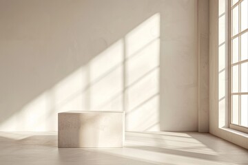 Poster - An empty room featuring a window and a white cube as the central focus
