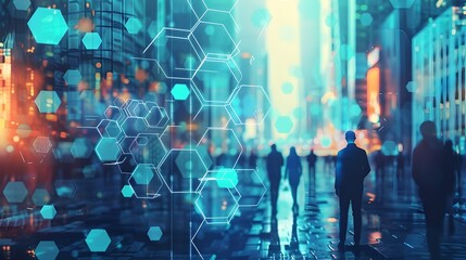 Wall Mural - abstract tech cityscape with human silhouettes and futuristic network patterns. digital innovation t