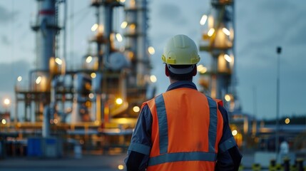 Rear view of a refinery operator monitoring equipment operation for safety