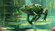 A neon green armored frog with cybernetic limbs jumps effortlessly across a futuristic pond dotted with floating lily pads