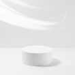 Abstract scene - one round white podium for cosmetic products mockup, with curve neon glowing trails on white background. For presentation skin care products, gifts, advertising in minimal style.