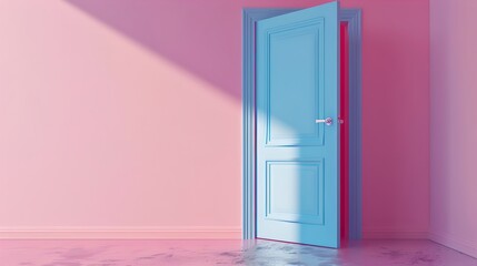 Aufkleber - Modern minimalist interior with a vibrant open blue door against a pink wall. Light and shadow play, showcasing architectural simplicity. Ideal for concept art and background use. AI