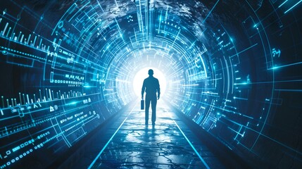 Poster - A silhouette of a person standing in an illuminated futuristic tunnel. A concept of digital transformation and virtual reality. Sci-fi styled imagery for tech themes. AI