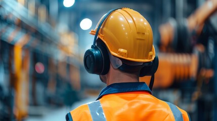 Worker wearing hearing protection to reduce exposure to loud noise