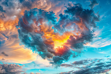 Poster - a heart-shaped cloud formation in the sky during sunset, with vibrant colors of orange, yellow, and blue.