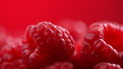 Poster - Raspberry fresh berries closeup, ripe fresh organic Raspberries macro view. Over red background, slide shot Harvest concept.