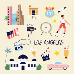 Wall Mural - Colorful design with symbols, animals landmarks of Los Angeles, USA. Can be used for posters, travel guides, wall arts