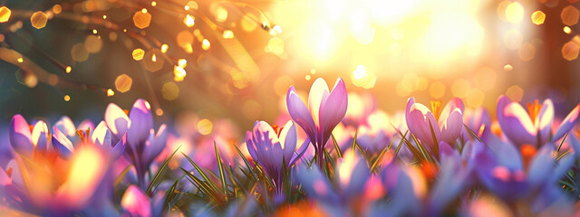 Wall Mural - Dazzling spring show: vibrant crocus flowers in the magic of sunlit bokeh.