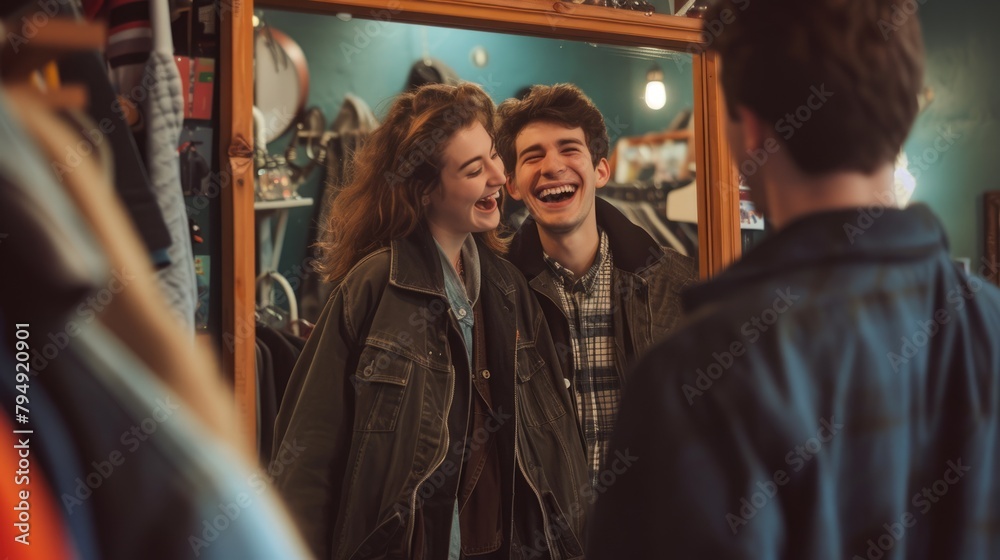 In the crowded city store, under the dim street lights, a man and a ...