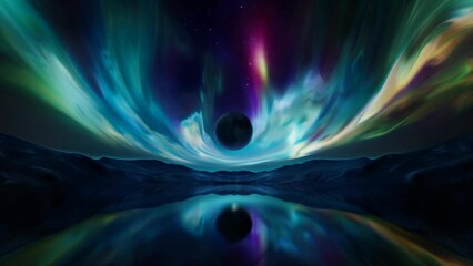 a luminous full moon hovers above an ethereal cosmic seascape. towering teal waves crest and curve, 