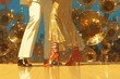 1970s disco dancers wearing bell-bottom pants and platform shoes, sparkly red boots with white stripes, and a long gold tuxedo jacket.