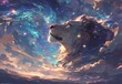 A beautiful painting of the sky with stars, a majestic lion in profile looking up at an endless expanse of colorful nebulae. 