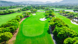 Fototapeta Mapy - Aerial view of green grass and trees on a golf fields. green golf course in summer.