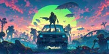 Fototapeta  - a black light poster of an alien zombie standing in front of his station wagon with other aliens around him, colorful, neon colors, space ships and ufo's flying 