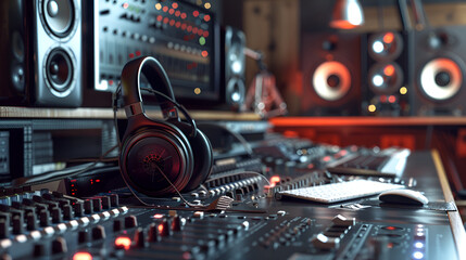 Poster - Headphones on the background of a sound recording studio ,Headphones on professional mixing console in modern radio studio ,Professional audio mixing console in nightclub
