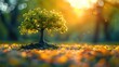 A tall oak tree planted in the earth, bathed in the sunlight with a blurred forest background
