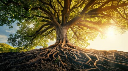 Evergrenn tree stands on a hill, at the base of which lie strong roots penetrating deep into the ground