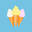Ice cream in waffle cone. Strawberry, lemon and vanilla ice cream. Vector cartoon illustration of sweet dessert.