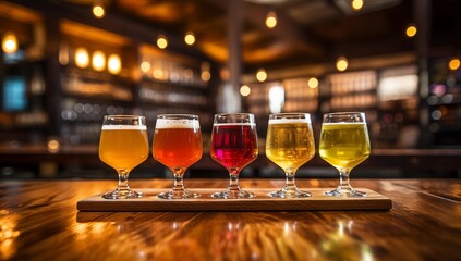 A close-up of a tasting of craft beer or cider, a rainbow variety of dark malt stouts and golden yellow hoppy ales on the bar