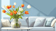 Cozy grey sofa and vase with tulip flowers on coffee