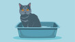 Cute British Shorthair cat in litter box on blue background