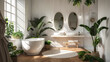 A bathroom with a white bathtub and a large mirror. The bathroom is decorated with plants and has a natural, calming atmosphere