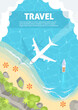 Travel poster template with airplane flying over tropical island