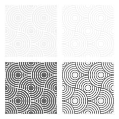 Set of seamless gray patterns of circles arcs lines to create fabric and wallpaper, easy background for Christmas card. Geometric white shapes in trendy retro style for cover decoration.