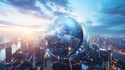 Wall Mural - Futuristic global network over urban skyline - A conceptual image of a translucent globe network over a city skyline, illustrating global connectivity and trade