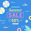 Summer sale 50% off promotion vector design. Swimming pool background