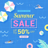 Fototapeta Panele - Summer sale 50% off promotion vector design. Swimming pool background