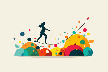 Business woman pulling a rope over colorful abstract hills illustrating motivation and success