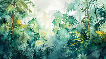 Naklejka na meble A lush green jungle with a lot of foliage and flowers. The painting is full of life and color, and it gives off a feeling of being in a tropical paradise