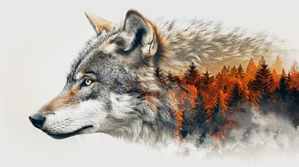  Wolf portrait in the mountains closeup with double exposure forest overlay