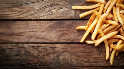 Sticker - French fries fried to perfection on an elegant antique wooden surface with space for text