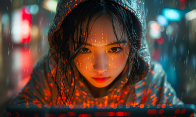 futuristic asian woman hacker coding with laptop, binary data, cyberpunk style