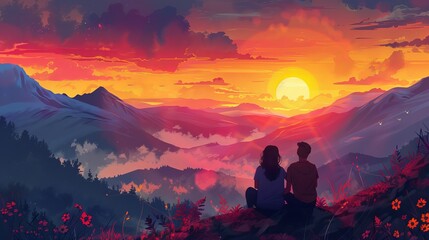 Wall Mural - Illustration of a couple watching a breathtaking sunset from a hilltop