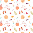 Summer seamless pattern with beach holiday accessories. Bright vector clipart with bag, glasses, swimsuit.