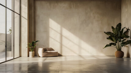 A large room with a couch and two potted plants. The room is empty and has a minimalist feel